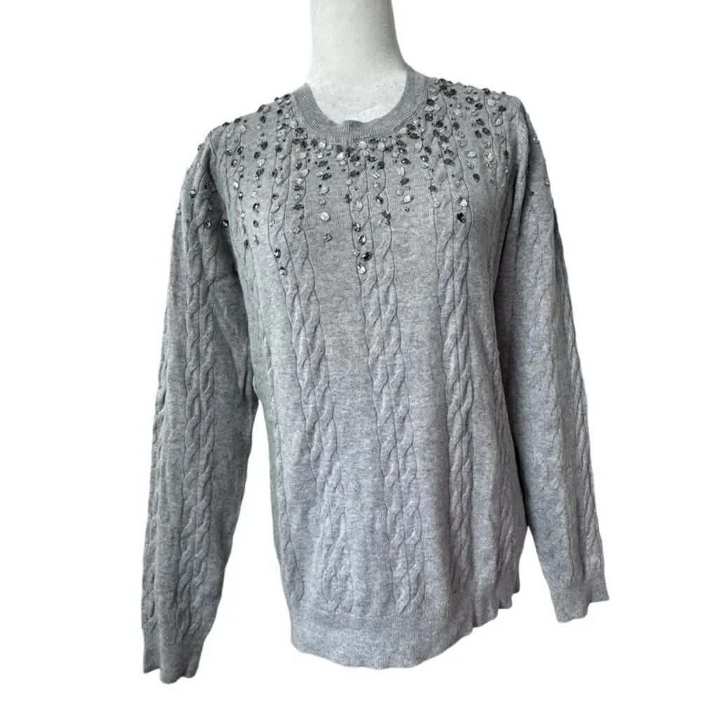 Isaac Mizrahi Live Gray Sweater Cable Knit Gemstone QVC Cardigan Size Small